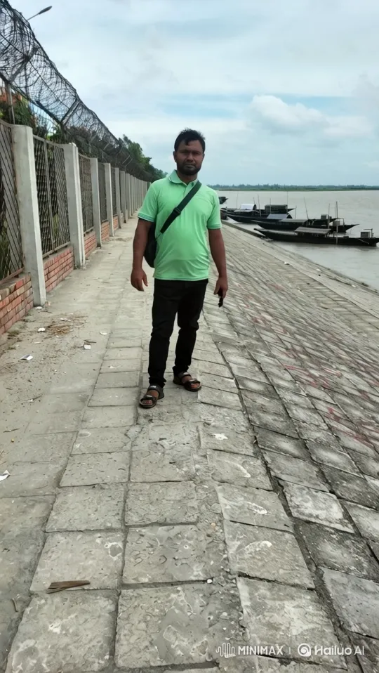 Man Walking Along River with Boats and Fence – AI Generated Video | Hailuo AI