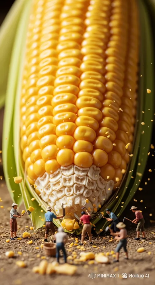 Miniature Workers Harvesting Giant Corn in a Fantasy World – AI Generated Video | Hailuo AI