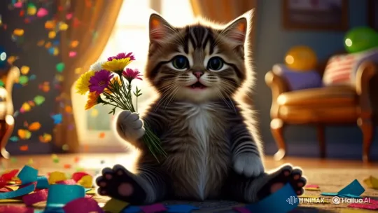 Cute Kitten Congratulates with Flowers in Festive Scene – AI Generated Video | Hailuo AI