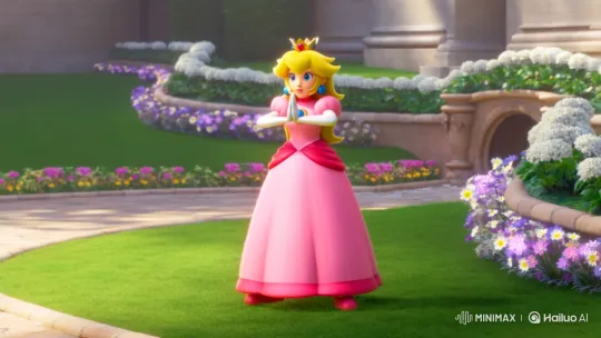 Princess Peach Performs Yoga Squats in Tranquil Garden – AI Generated Video | Hailuo AI