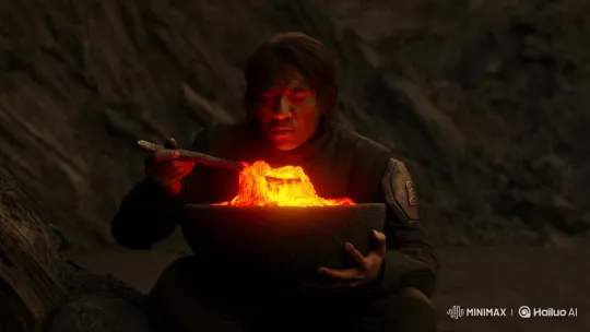 Person Eats Molten Lava in Dark Cave – AI Generated Video | Hailuo AI