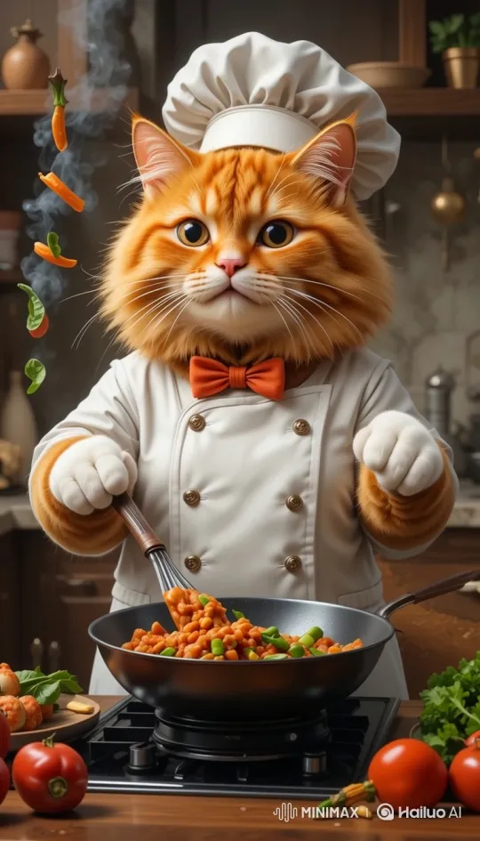 Orange Cat Chef Preparing a Vegetable Dish – AI Generated Video | Hailuo AI