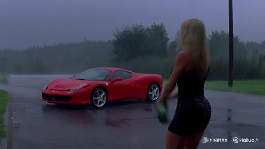 Blonde Woman Throws Molotov at Ferrari in Stormy Dusk – AI Generated Video | Hailuo AI