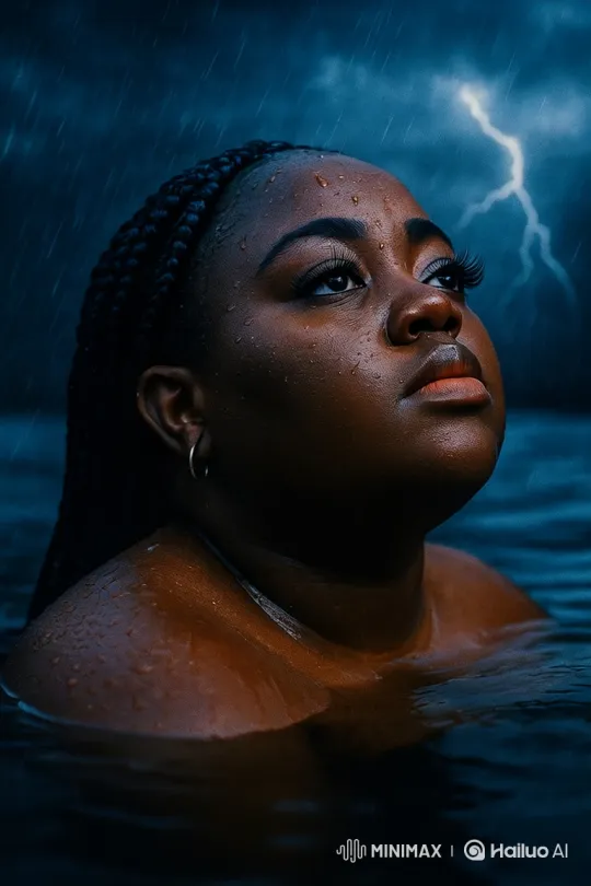 Contemplative Woman in Dark Blue Water Amid Storm – AI Generated Video | Hailuo AI