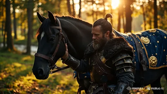 Viking Warrior Bonds with His Horse in Golden Forest Light – AI Generated Video | Hailuo AI