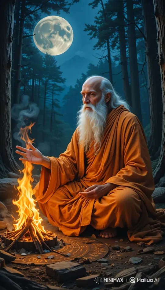 Elderly Man Meditates by Moonlit Forest Fire – AI Generated Video | Hailuo AI