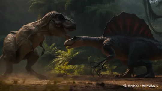 Tyrannosaurus Rex and Spinosaurus Battle in Prehistoric Jungle – AI Generated Video | Hailuo AI