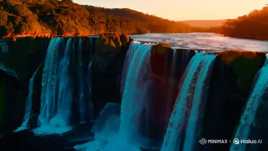 Lavish Sunrise and Majestic Waterfall Panorama – AI Generated Video | Hailuo AI