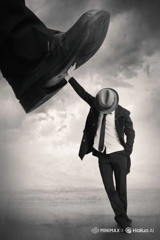 Man in Suit Fights Giant Boot in Surreal Landscape – AI Generated Video | Hailuo AI