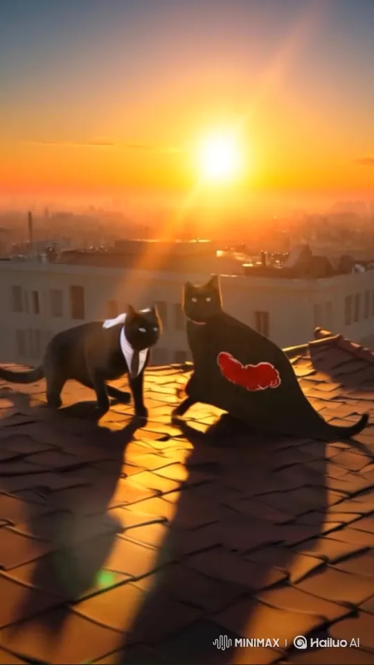 Black Cats in Epic Rooftop Battle with Martial Arts and Lightning – AI Generated Video | Hailuo AI