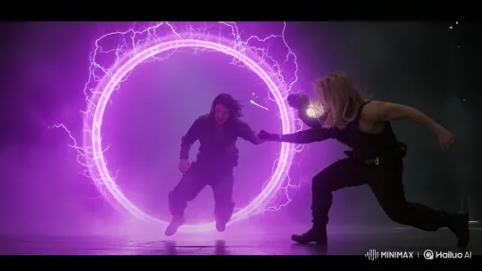 Woman Lungs Man into Energy Portal, Leaving Him Alone – AI Generated Video | Hailuo AI