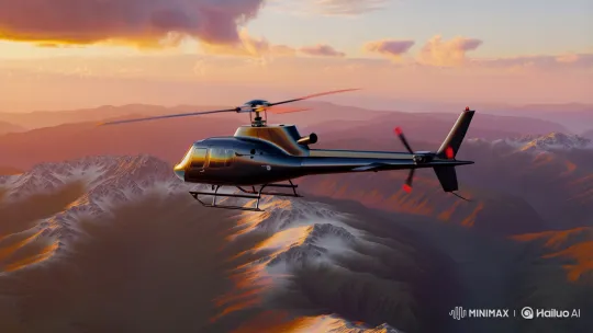 Helicopter Glides Over Dramatic Sunset Mountainscape – AI Generated Video | Hailuo AI