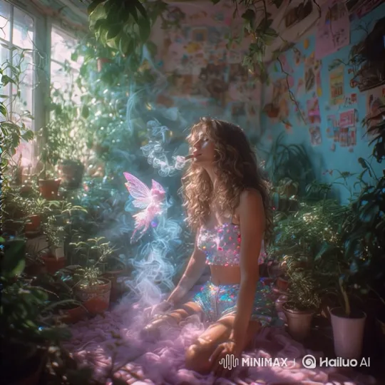 Young Woman Shares Smoke with Playful Fairy in Enchanted Setting – AI Generated Video | Hailuo AI