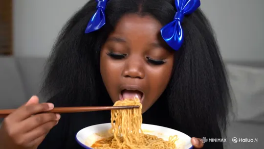 Disappointed Girl Expresses Frustration in Noodle Mukbang ASMR – AI Generated Video | Hailuo AI