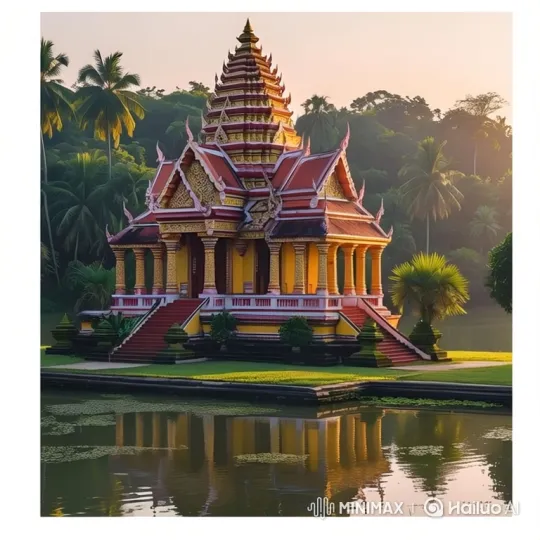 Golden-Spired Temple Reflecting Serenity at Sunrise – AI Generated Video | Hailuo AI