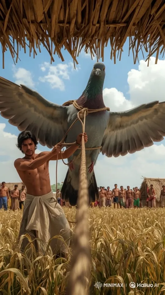 Villager Captures Giant Pigeon with Rope in Wheat Field – AI Generated Video | Hailuo AI