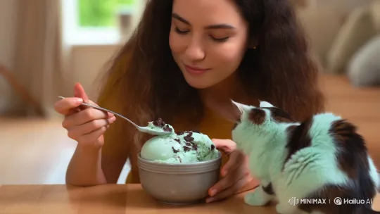 Woman Eats Ice Cream Beside Cat Mimicking Treat – AI Generated Video | Hailuo AI