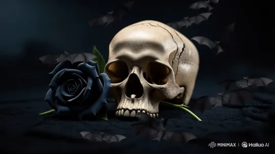 Gothic Still-Life: Skull, Black Rose, and Fluttering Bats – AI Generated Video | Hailuo AI