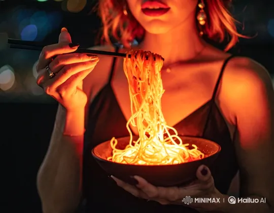 Woman Enjoying Noodles in Night Cityscape – AI Generated Video | Hailuo AI