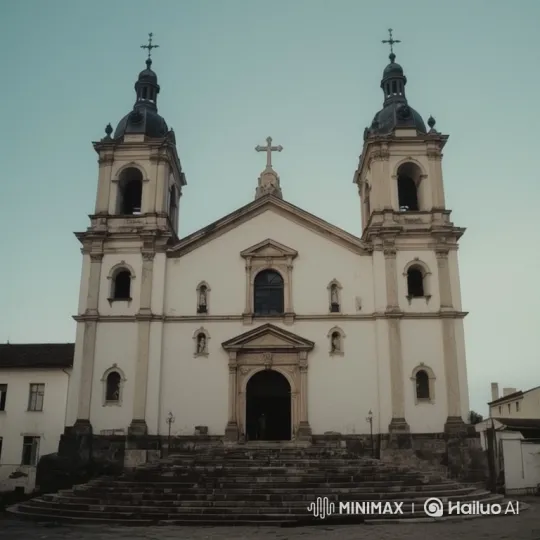 Aerial Tracking Shot Reveals Architectural Beauty of White Church – AI Generated Video | Hailuo AI