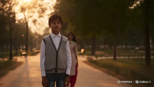 Young Boy and Pakistani Girl Share a Smile in Golden Hour Park – AI Generated Video | Hailuo AI