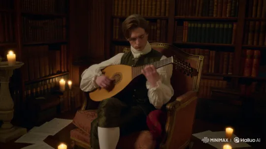 18th-Century Lute Player in Candlelit Library – AI Generated Video | Hailuo AI