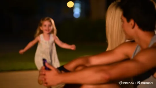 Joyful Little Girl Hugs Her Parents Outdoors – AI Generated Video | Hailuo AI
