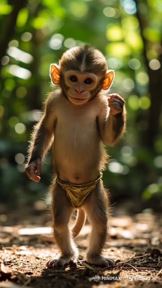 Baby Monkey Laughs and Stands Proud in Forest – AI Generated Video | Hailuo AI