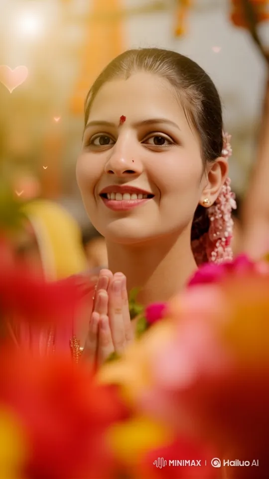 Serene Woman Greeted in Vibrant Floral Setting – AI Generated Video | Hailuo AI