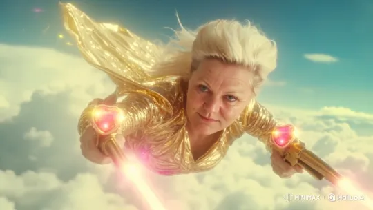 Elderly Woman Flies with Energy Guns in Vibrant Sky – AI Generated Video | Hailuo AI