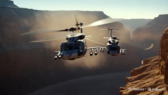 Military Helicopters Engage in Canyon Missile Dodge and Rocket Fire – AI Generated Video | Hailuo AI
