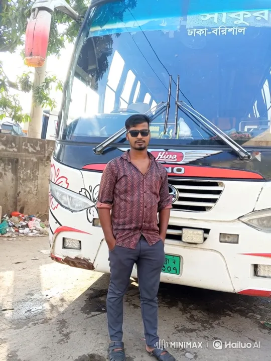 Man Stands Calmly in Front of a Bus on a Sunny Day – AI Generated Video | Hailuo AI