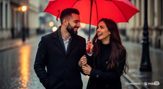 Couple Walks Joyfully Under Red Umbrella in Rainy City – AI Generated Video | Hailuo AI