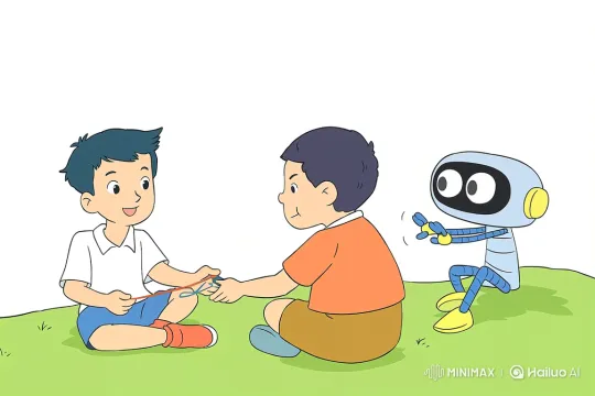 Boys and Robot Share String Game on Hill – AI Generated Video | Hailuo AI