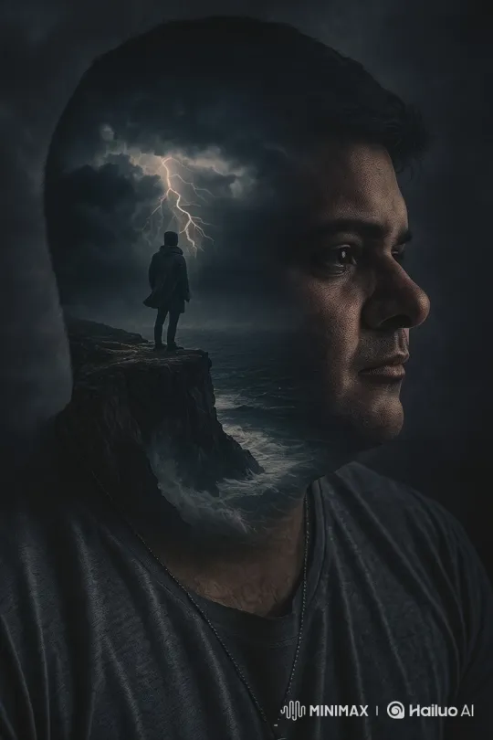 Cinematic Portrait: Man's Stillness Conceals Inner Storm – AI Generated Video | Hailuo AI