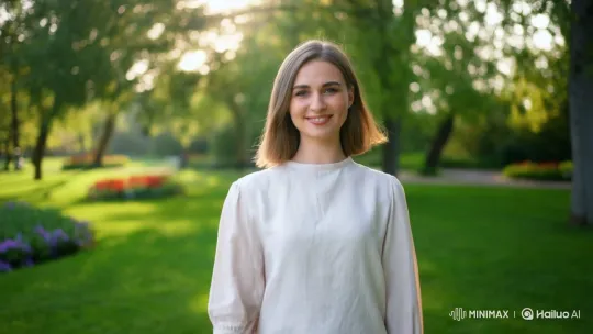 Friendly Woman Greeting in a Serene Park – AI Generated Video | Hailuo AI