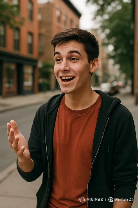 Young Man Engaged in Animated Street Conversation – AI Generated Video | Hailuo AI