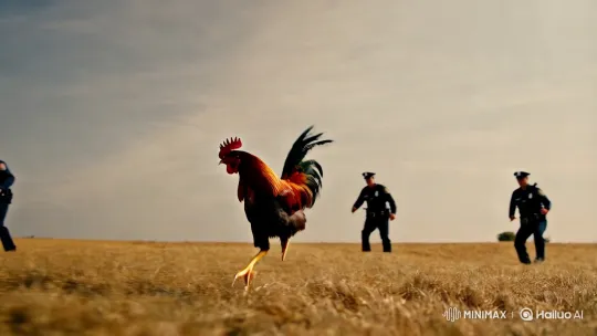 Aesthetic Flight: Vibrant Rooster Escapes in Slow-Motion Drama – AI Generated Video | Hailuo AI