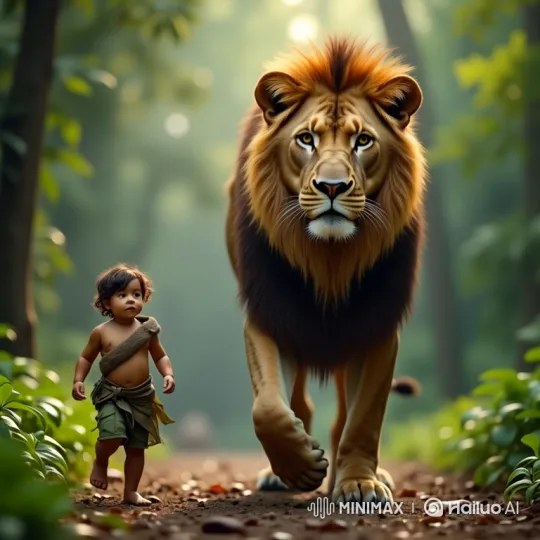 Child and Majestic Lion Walk Together in Jungle – AI Generated Video | Hailuo AI