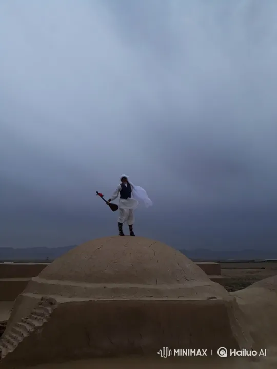 Dancer on Dome Presents Stringed Instrument to Sky – AI Generated Video | Hailuo AI