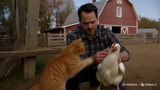 Cat and Man Engage in Playful Hen Tug-of-War on Farm – AI Generated Video | Hailuo AI