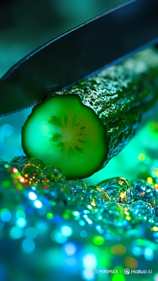 Surreal Close-up of Cucumber Slices with Iridescent Fluid – AI Generated Video | Hailuo AI