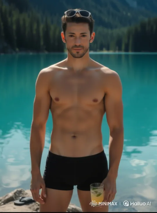 Fit Man Strolls Leisurely by Turquoise Lake in Sunglasses – AI Generated Video | Hailuo AI