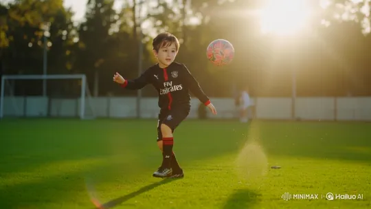 Young Boy Juggles Soccer Ball with Skill in Sunset Setting – AI Generated Video | Hailuo AI
