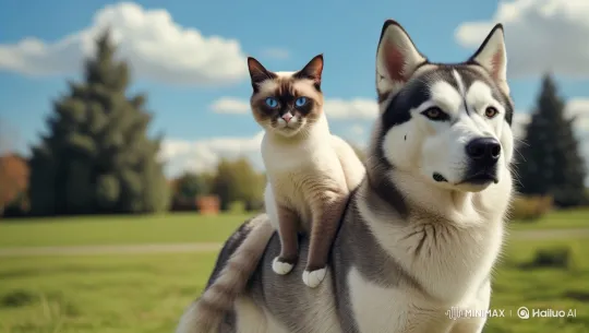 Siamese Cat and Husky's Playful Park Interaction – AI Generated Video | Hailuo AI