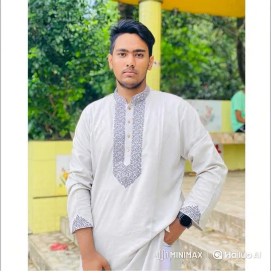 Young Man in Tunic Smiles Gently Amidst Blurred Greenery – AI Generated Video | Hailuo AI