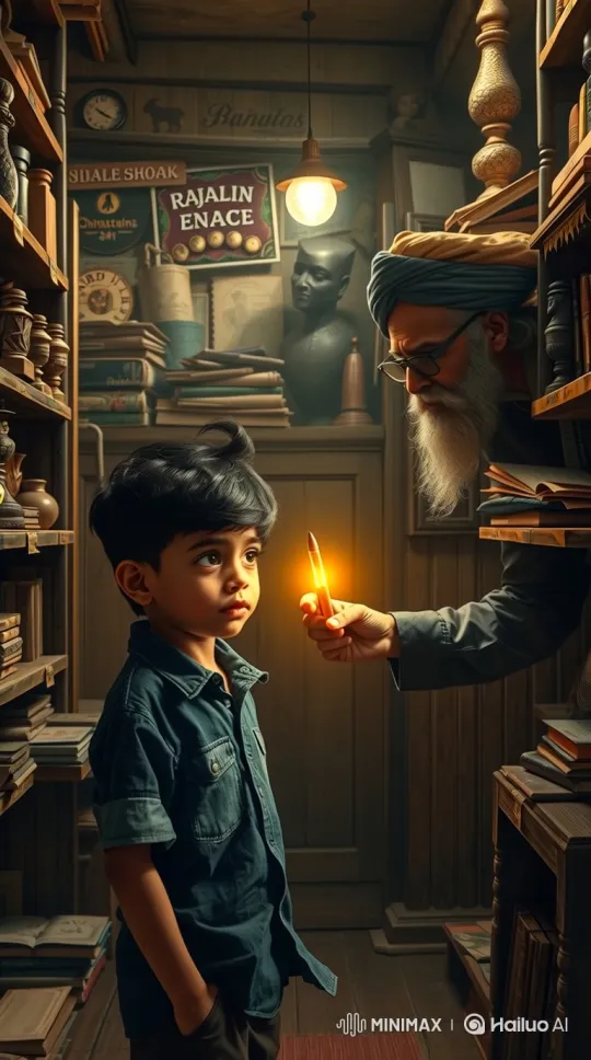 Young Boy Receives Enchanted Fountain Pen in Vintage Bookstore – AI Generated Video | Hailuo AI