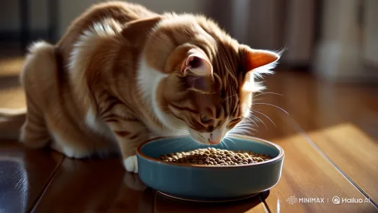 Domestic Cat Peacefully Eating Kibble on Wooden Floor – AI Generated Video | Hailuo AI