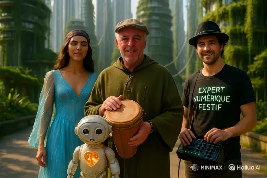 Futuristic Eco-city Walk with Friends and Robot Guide – AI Generated Video | Hailuo AI