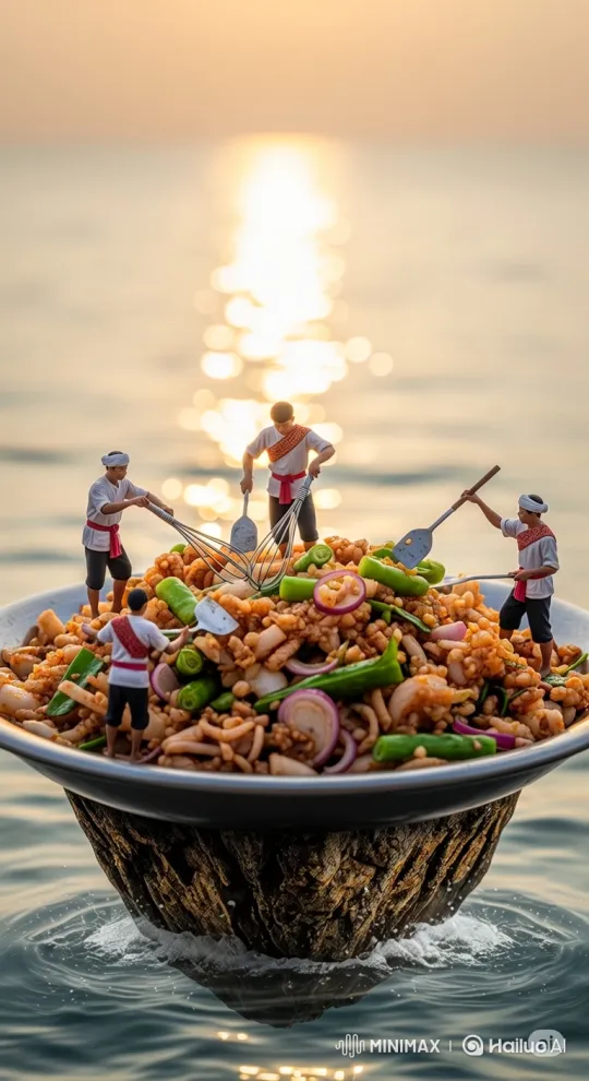 Miniature Figures Prepare Meal in Surreal Sunset Setting – AI Generated Video | Hailuo AI